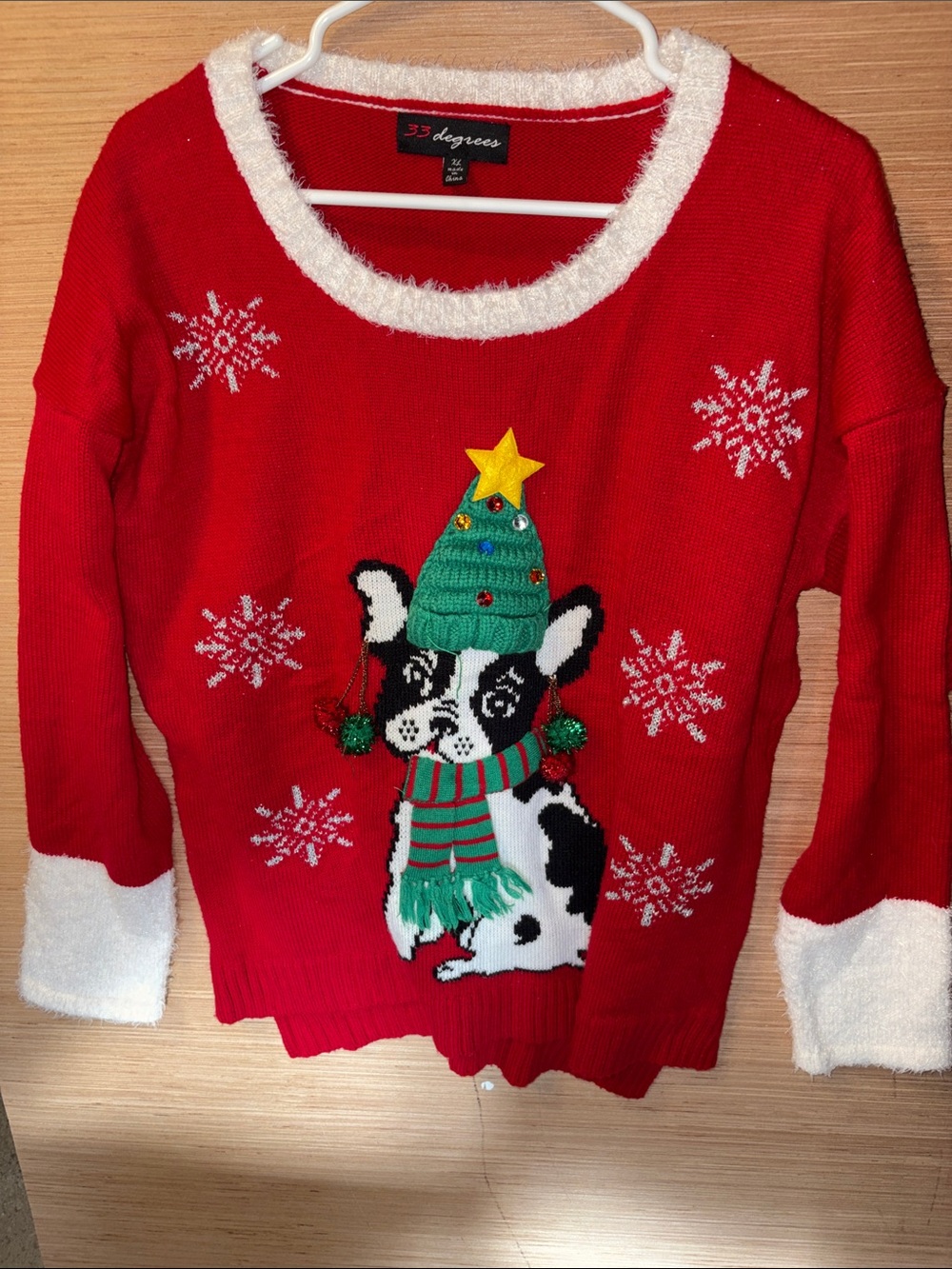 32 Degrees Red Holiday Dog Sweater with Green Accents